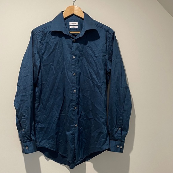 Calvin Klein Dress Shirt Mens 16 L Slim Fit Long Sleeve Blue Pattern - Picture 1 of 4